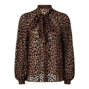 Kate Spade Leopard Blouse Tie Neck Long Sleeve Button Front Silk Blend Large